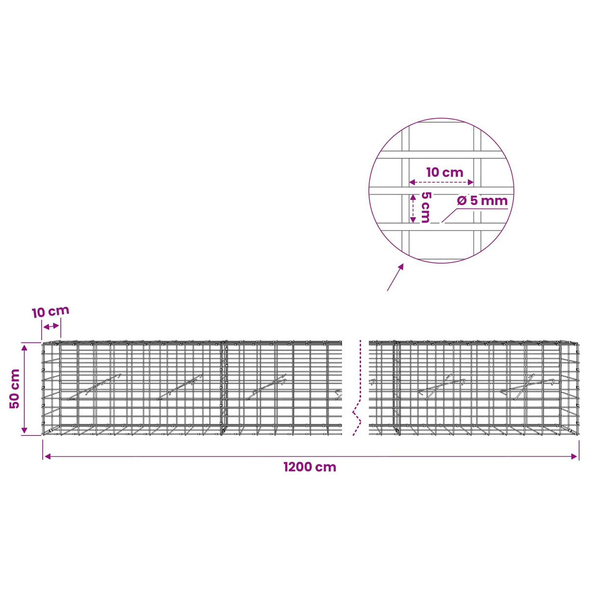 vidaXL Gabion with 5 mm Wire and 5x10 cm Mesh 1200x10x50 cm 6