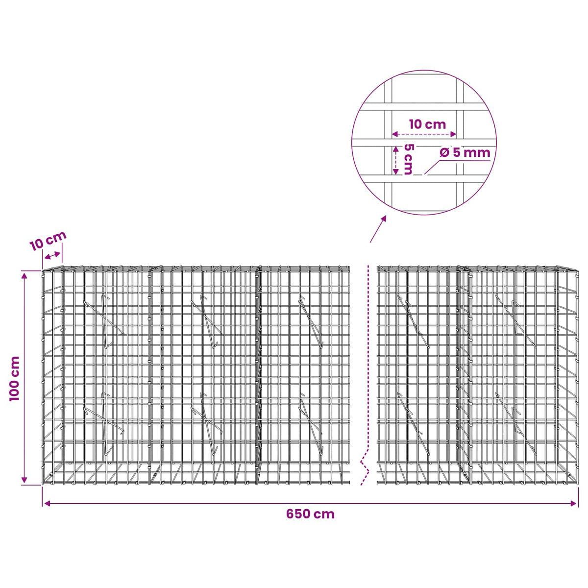 vidaXL Gabion with 5 mm Wire and 5x10 cm Mesh 650x10x100 cm 6