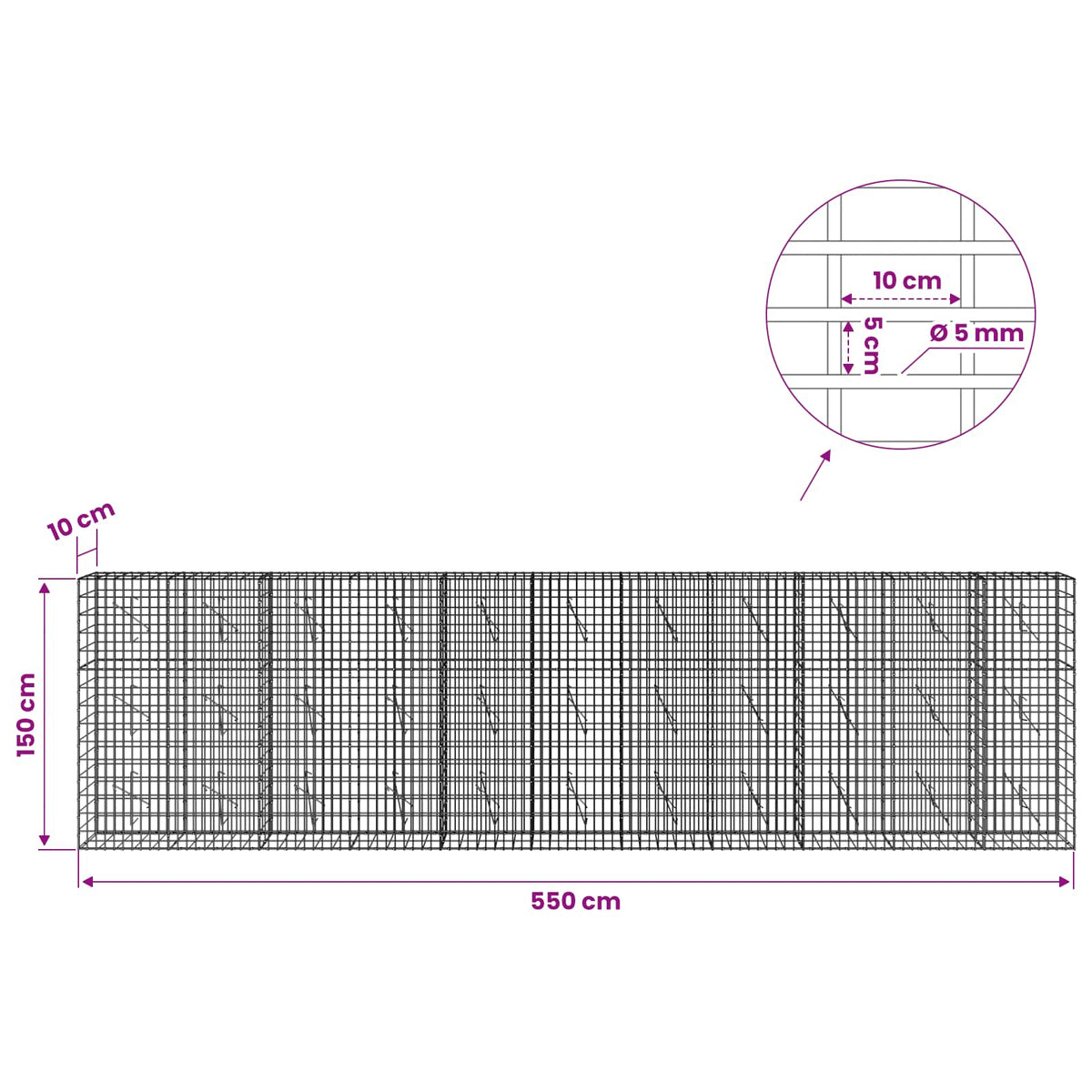 vidaXL Gabion with 5 mm Wire and 5x10 cm Mesh 550x10x150 cm 6