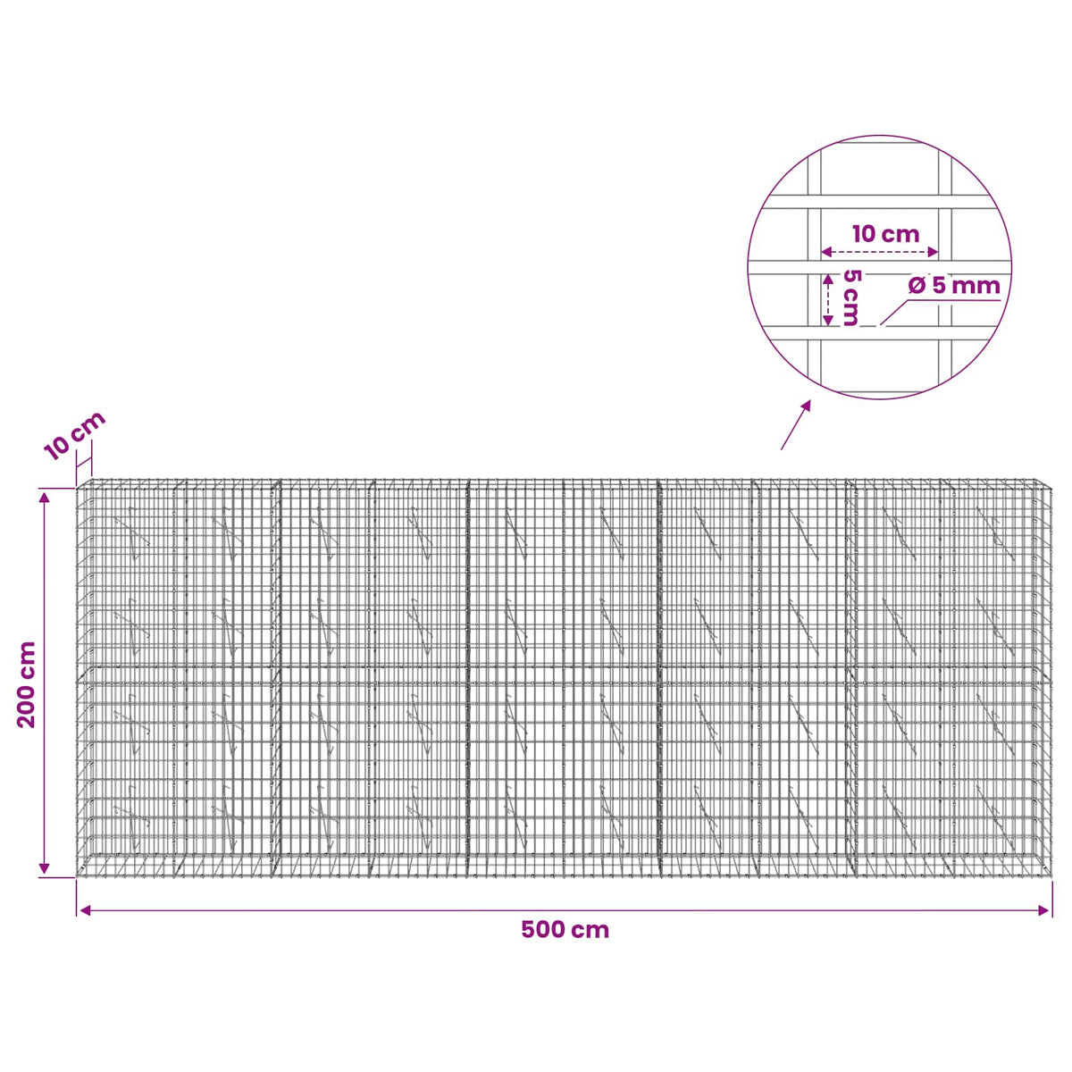 vidaXL Gabion with 5 mm Wire and 5x10 cm Mesh 500x10x200 cm 6