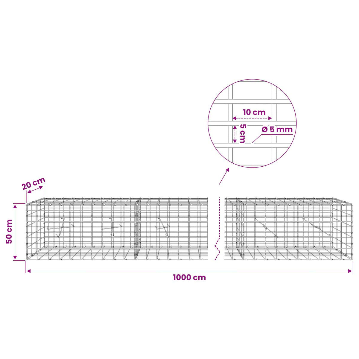 vidaXL Gabion with 5 mm Wire and 5x10 cm Mesh 1000x20x50 cm 6