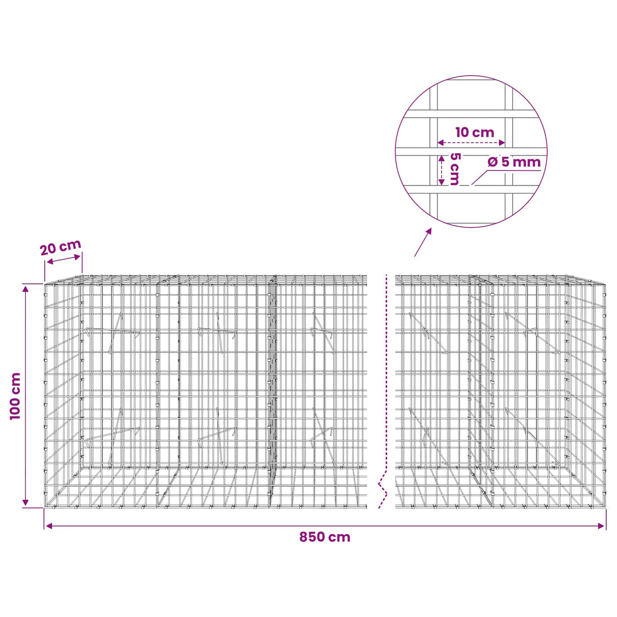 vidaXL Gabion with 5 mm Wire and 5x10 cm Mesh 850x20x100 cm 6