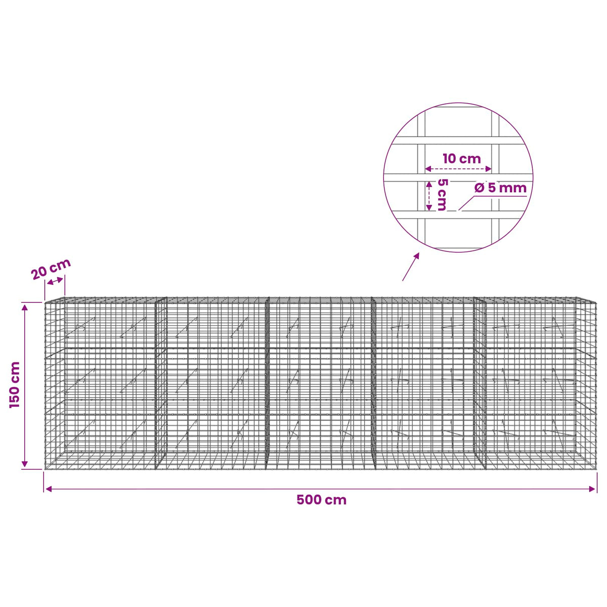 vidaXL Gabion with 5 mm Wire and 5x10 cm Mesh 500x20x150 cm 6