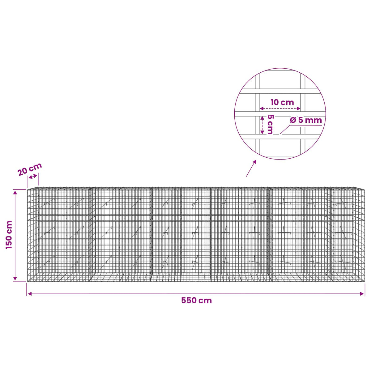 vidaXL Gabion with 5 mm Wire and 5x10 cm Mesh 550x20x150 cm 6