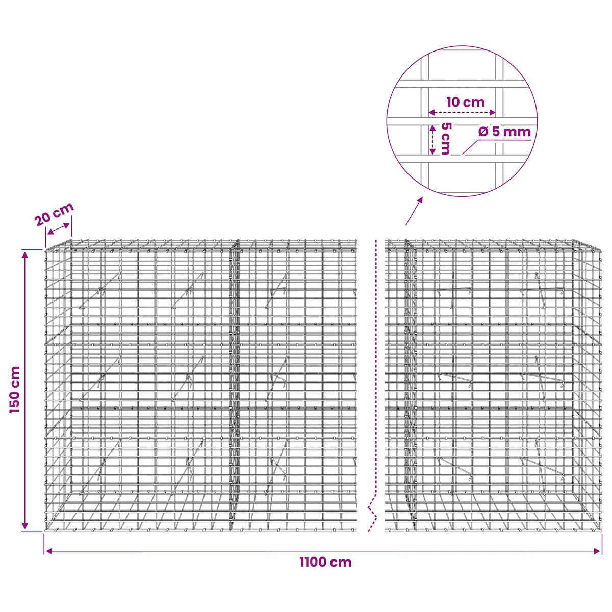 vidaXL Gabion with 5 mm Wire and 5x10 cm Mesh 1100x20x150 cm 6