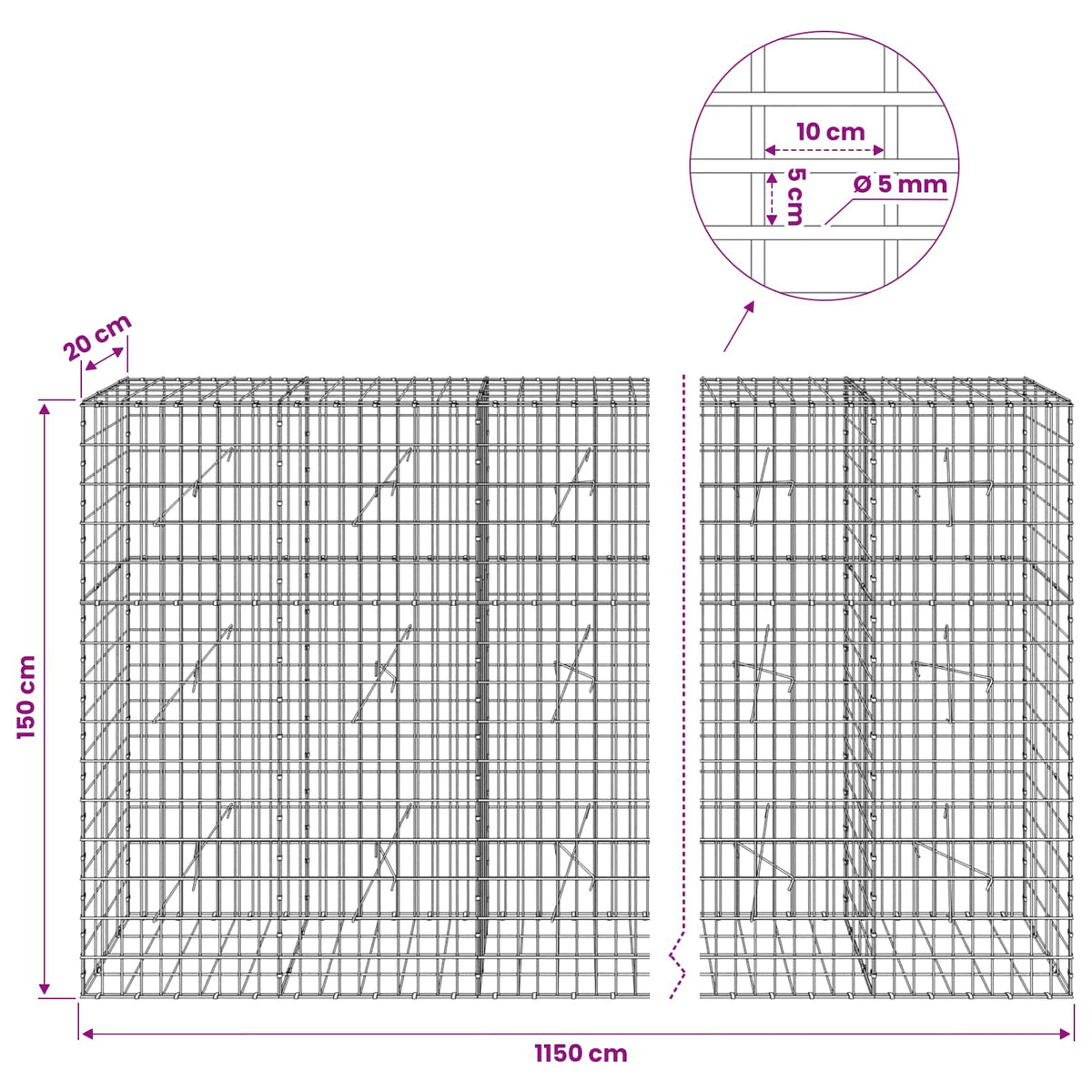 vidaXL Gabion with 5 mm Wire and 5x10 cm Mesh 1150x20x150 cm 6