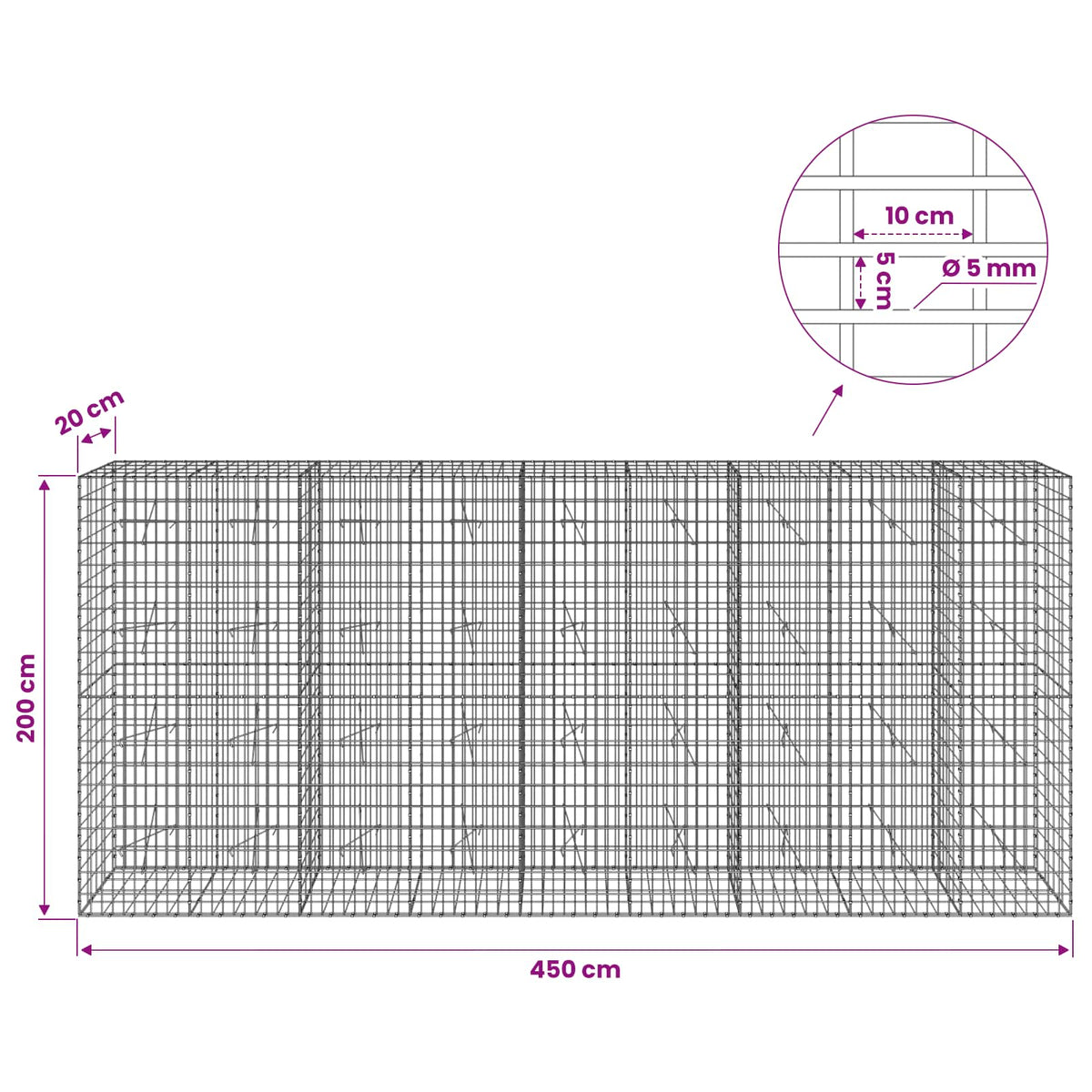 vidaXL Gabion with 5 mm Wire and 5x10 cm Mesh 450x20x200 cm 6