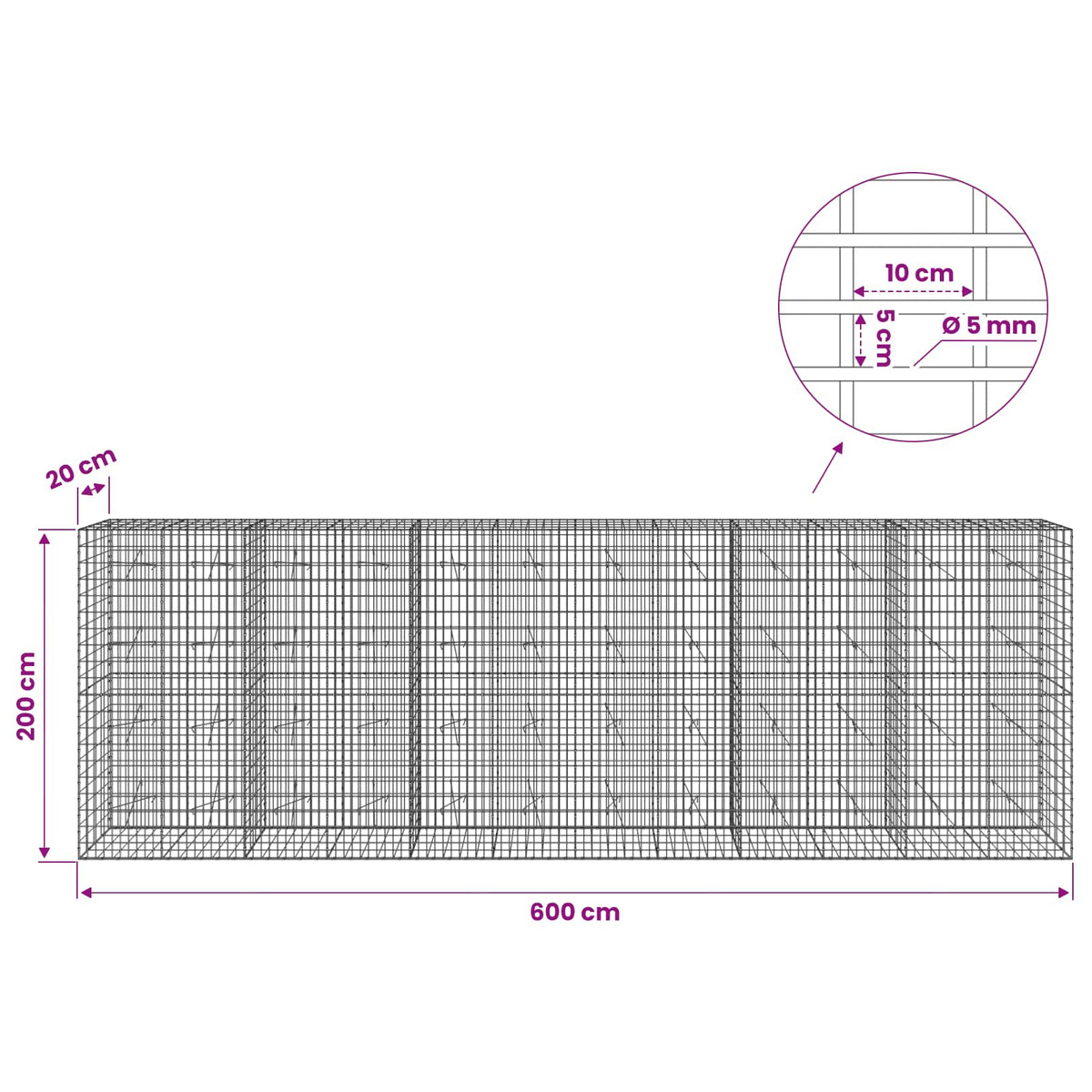 vidaXL Gabion with 5 mm Wire and 5x10 cm Mesh 600x20x200 cm 6