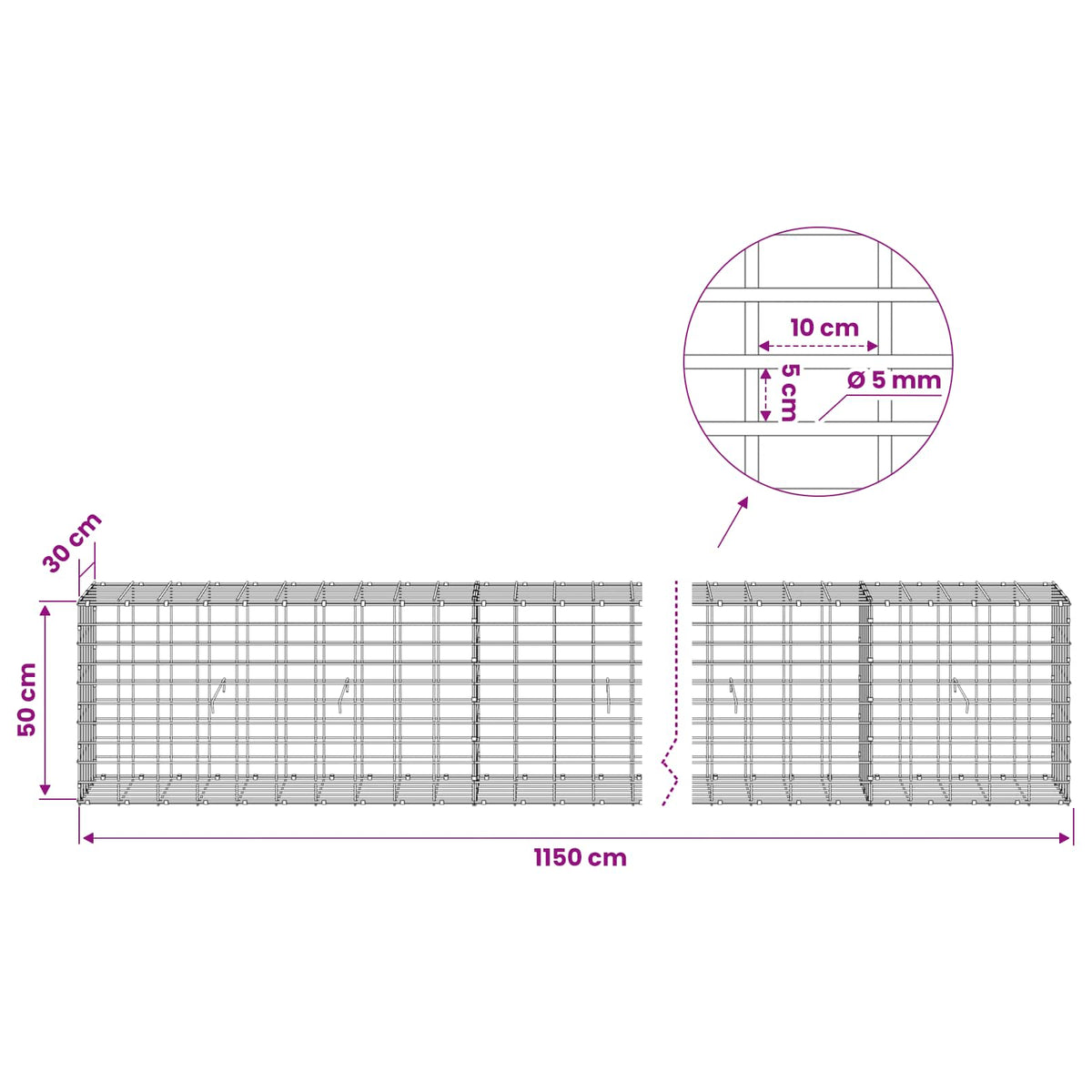 vidaXL Gabion with 5 mm Wire and 5x10 cm Mesh 1150x30x50 cm 6