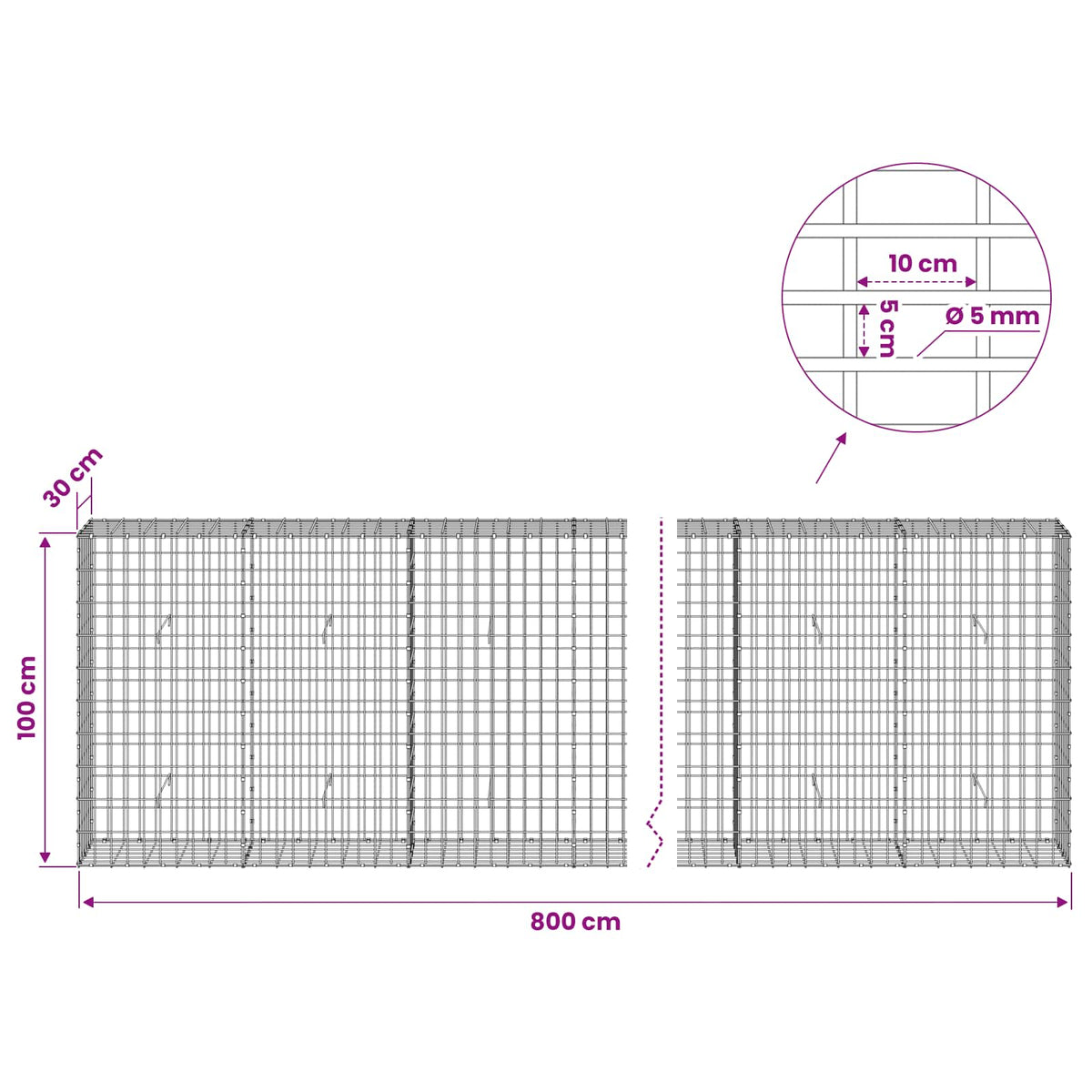 vidaXL Gabion with 5 mm Wire and 5x10 cm Mesh 800x30x100 cm 6
