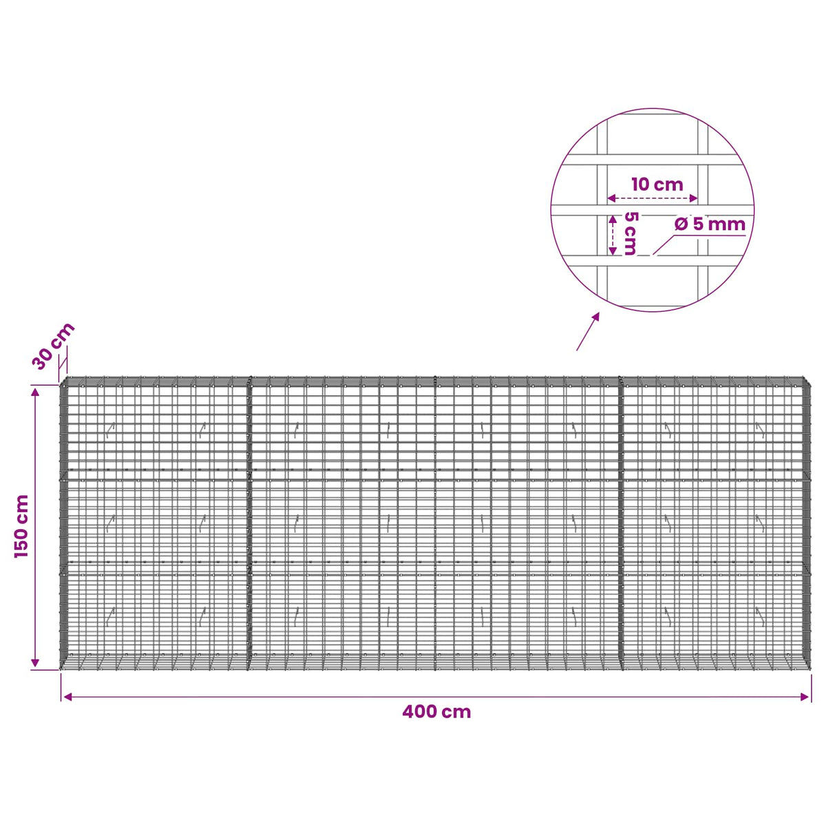 vidaXL Gabion with 5 mm Wire and 5x10 cm Mesh 400x30x150 cm 6