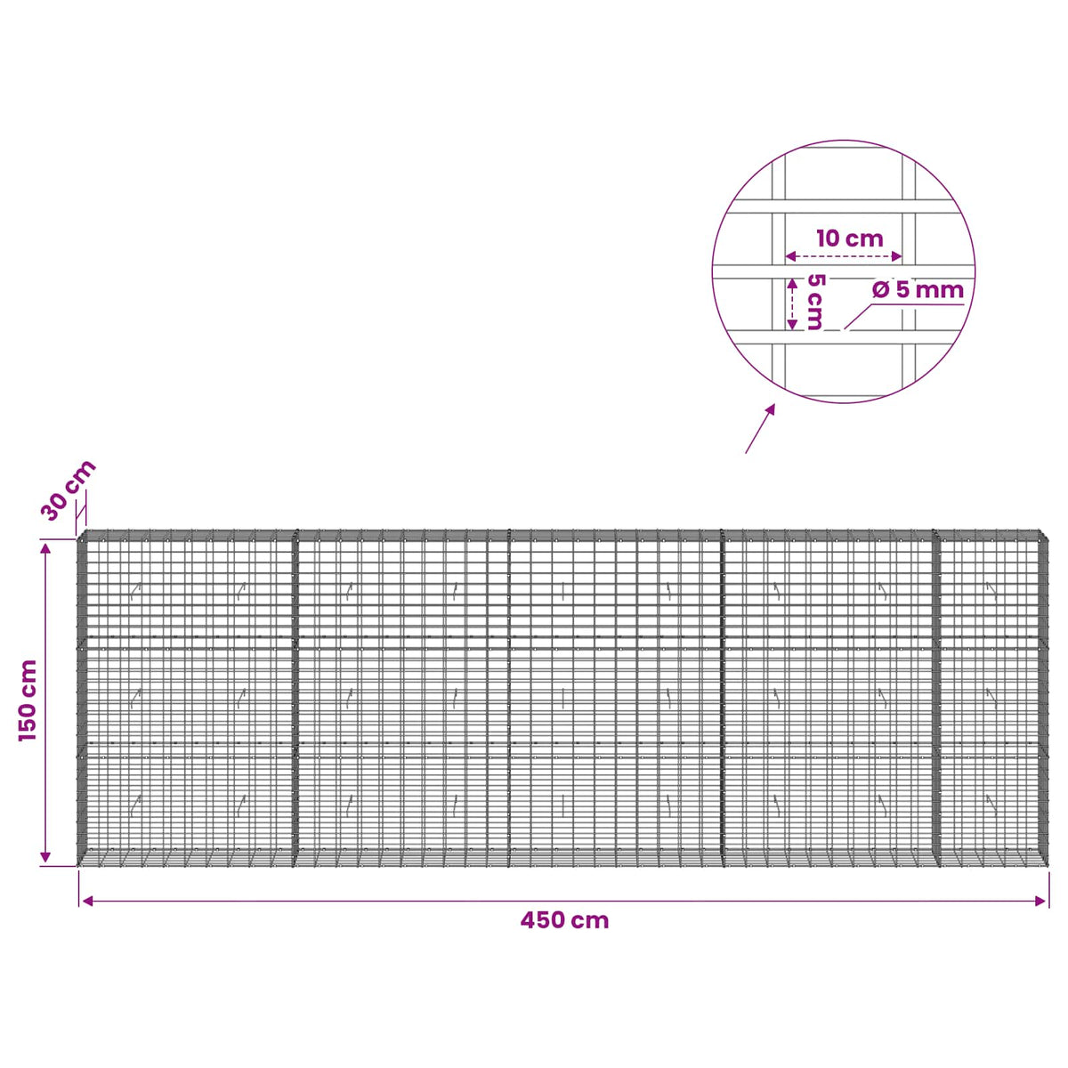 vidaXL Gabion with 5 mm Wire and 5x10 cm Mesh 450x30x150 cm 6