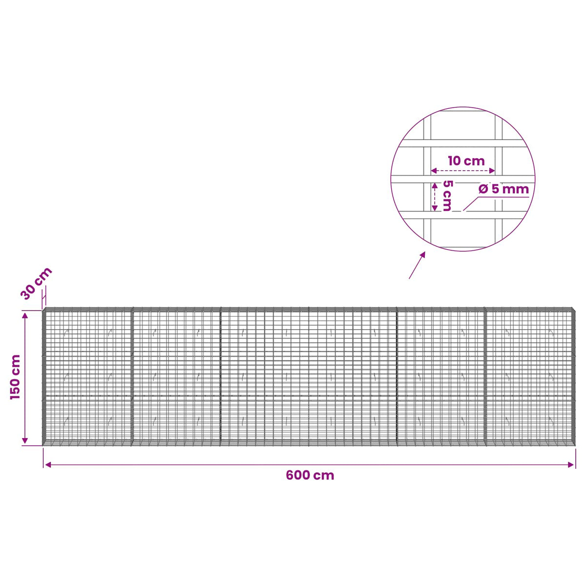 vidaXL Gabion with 5 mm Wire and 5x10 cm Mesh 600x30x150 cm 6