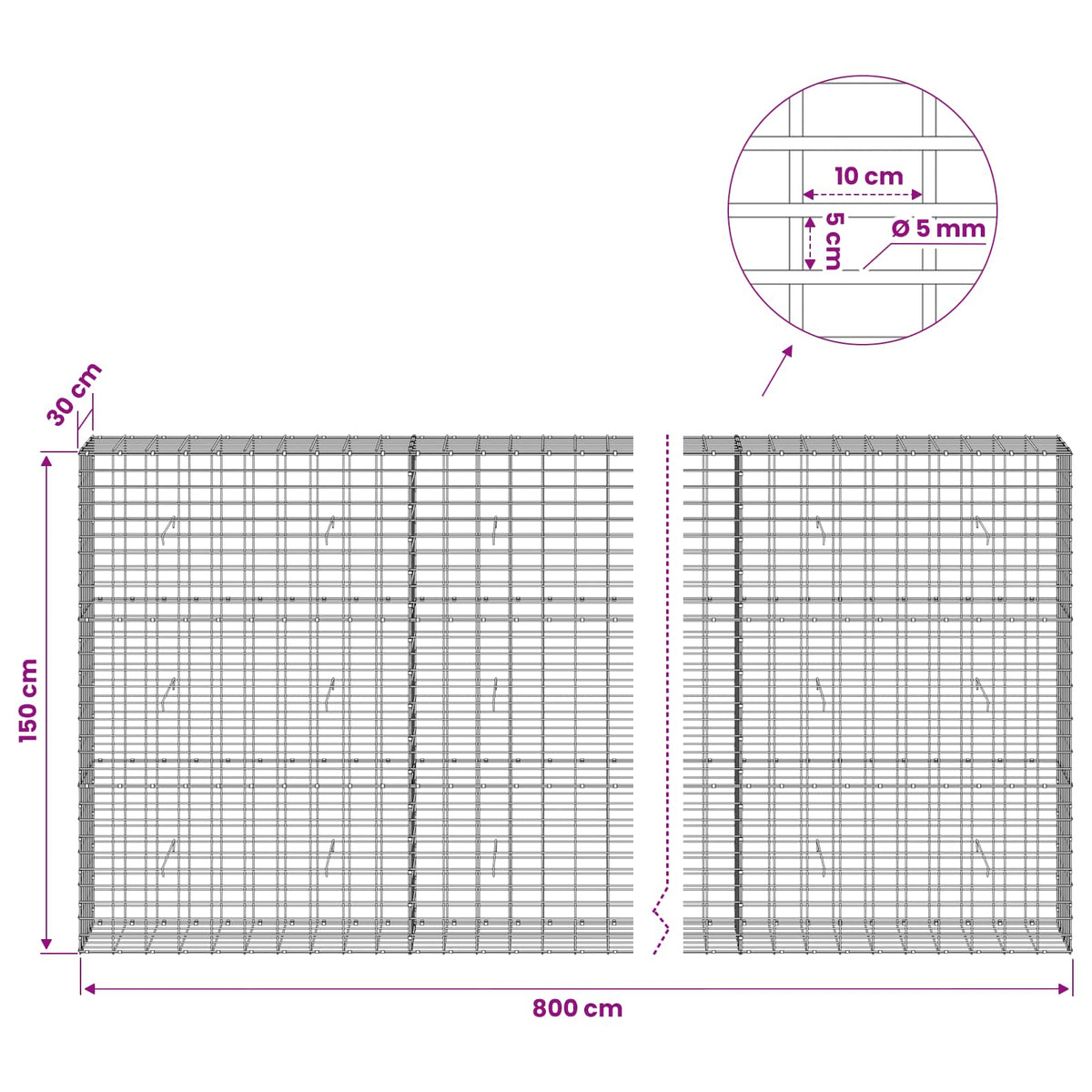 vidaXL Gabion with 5 mm Wire and 5x10 cm Mesh 800x30x150 cm 6