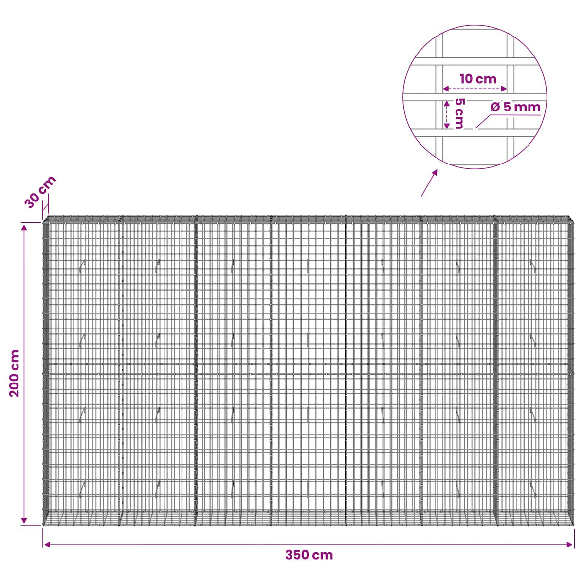 vidaXL Gabion with 5 mm Wire and 5x10 cm Mesh 350x30x200 cm 6