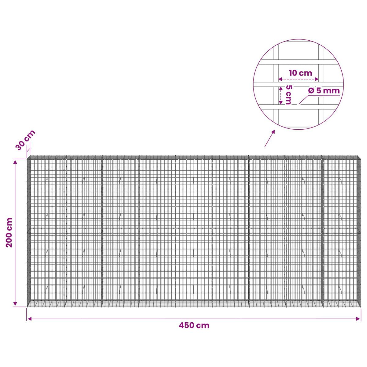 vidaXL Gabion with 5 mm Wire and 5x10 cm Mesh 450x30x200 cm 6