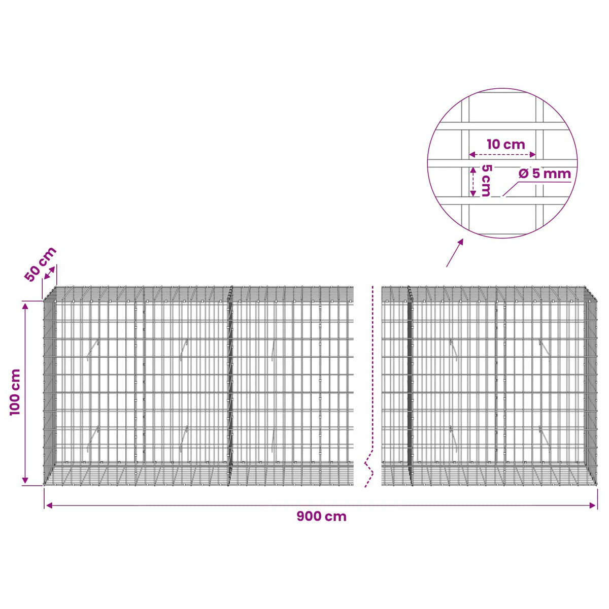 vidaXL Gabion with 5 mm Wire and 5x10 cm Mesh 900x50x100 cm 6