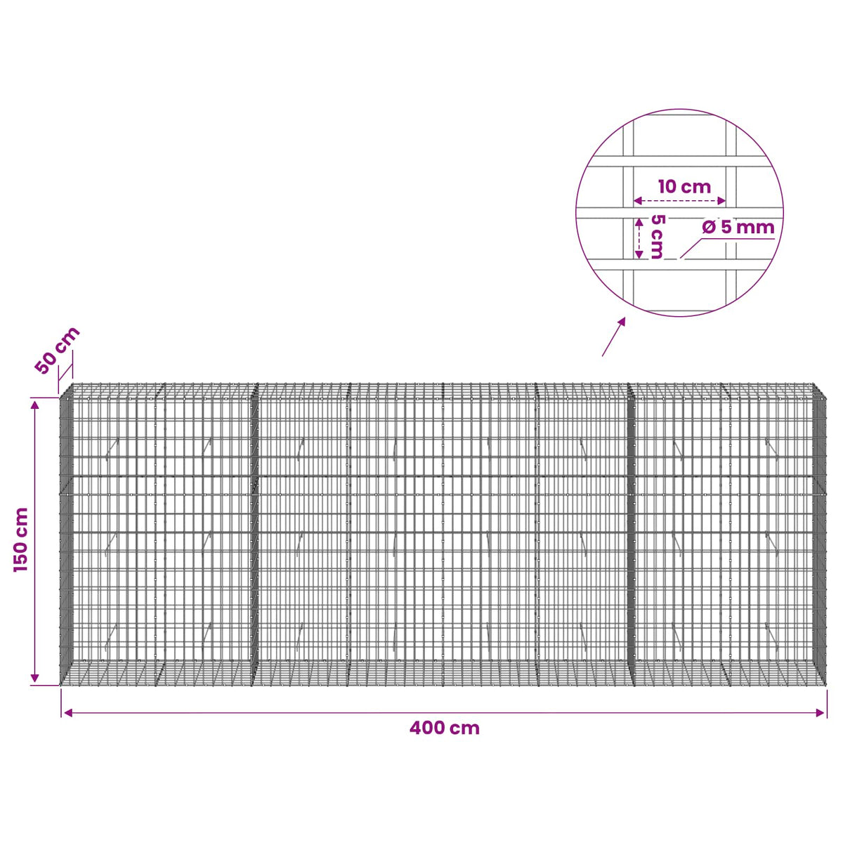 vidaXL Gabion with 5 mm Wire and 5x10 cm Mesh 400x50x150 cm 6