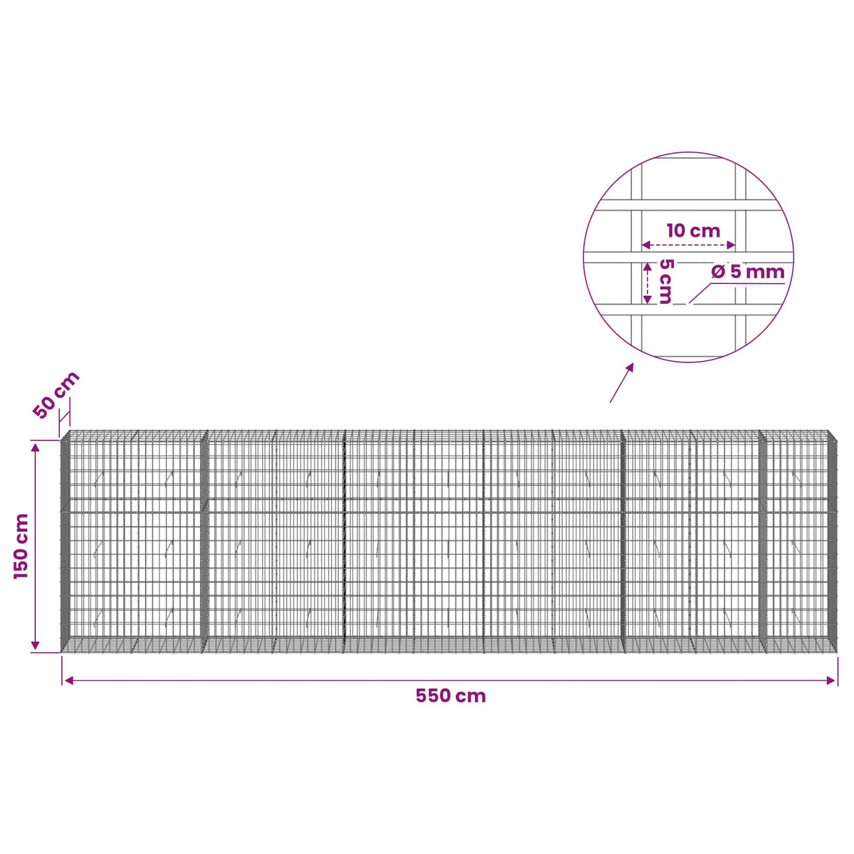 vidaXL Gabion with 5 mm Wire and 5x10 cm Mesh 550x50x150 cm 6
