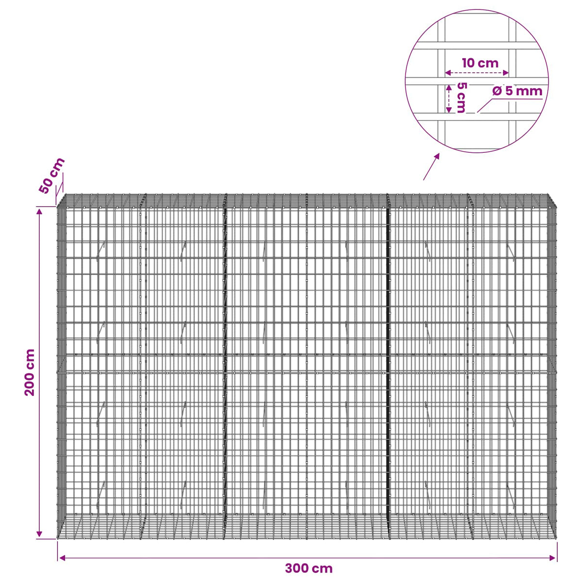 vidaXL Gabion with 5 mm Wire and 5x10 cm Mesh 300x50x200 cm 6