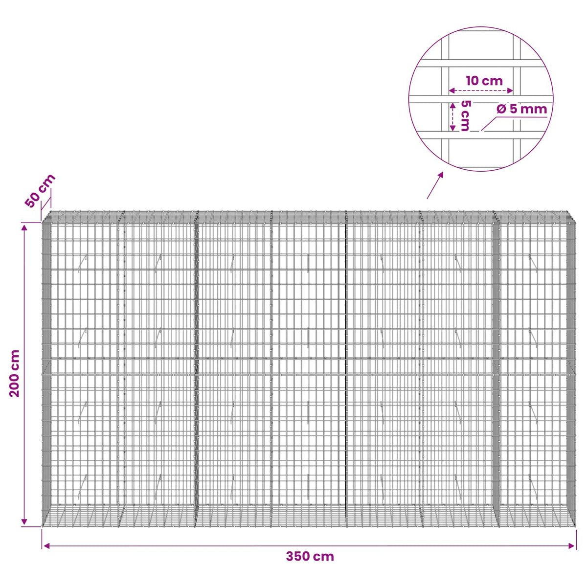 vidaXL Gabion with 5 mm Wire and 5x10 cm Mesh 350x50x200 cm 6