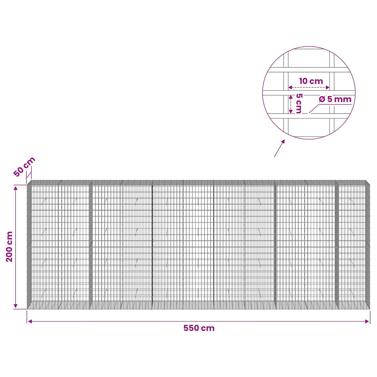 vidaXL Gabion with 5 mm Wire and 5x10 cm Mesh 550x50x200 cm 6