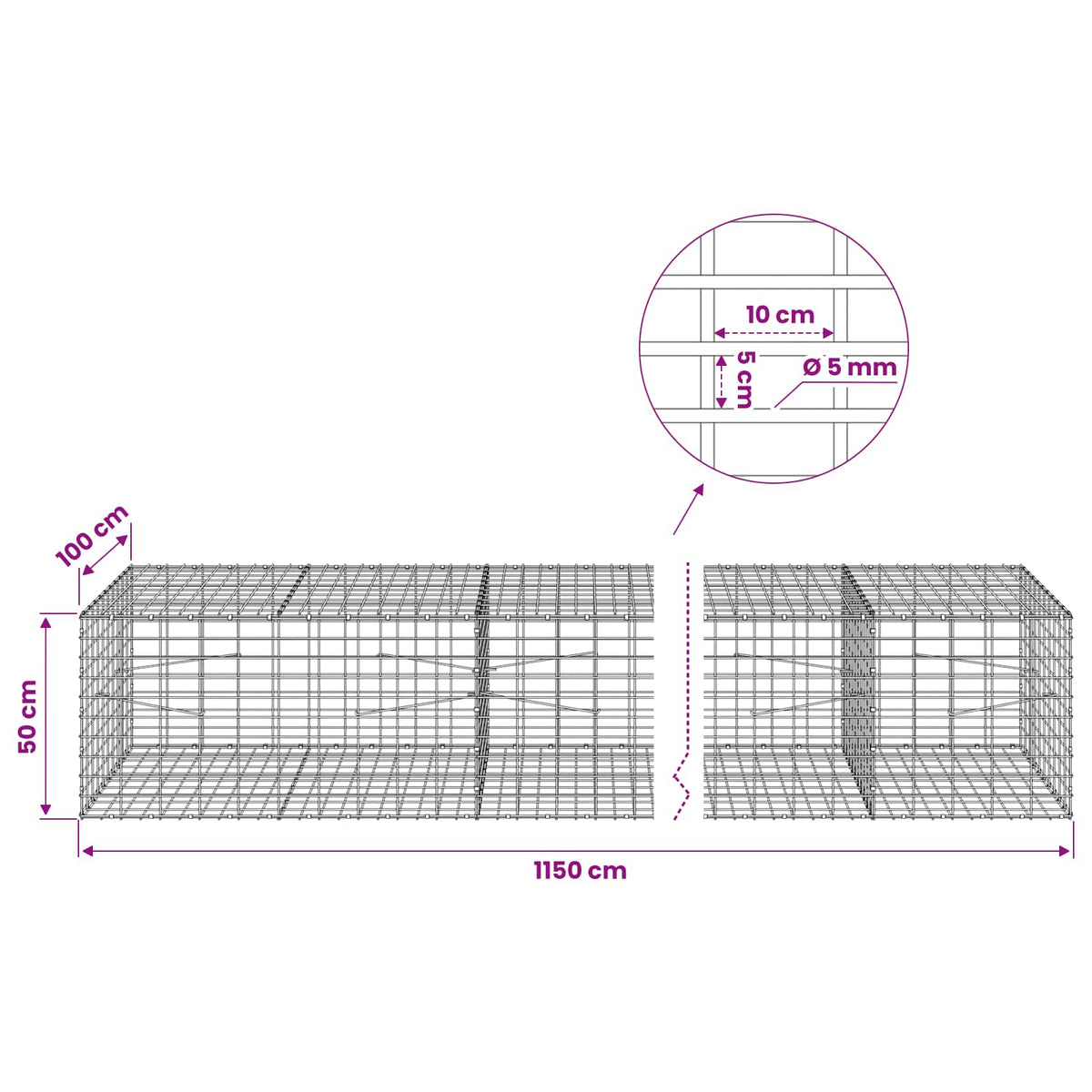 vidaXL Gabion with 5 mm Wire and 5x10 cm Mesh 1150x100x50 cm 6