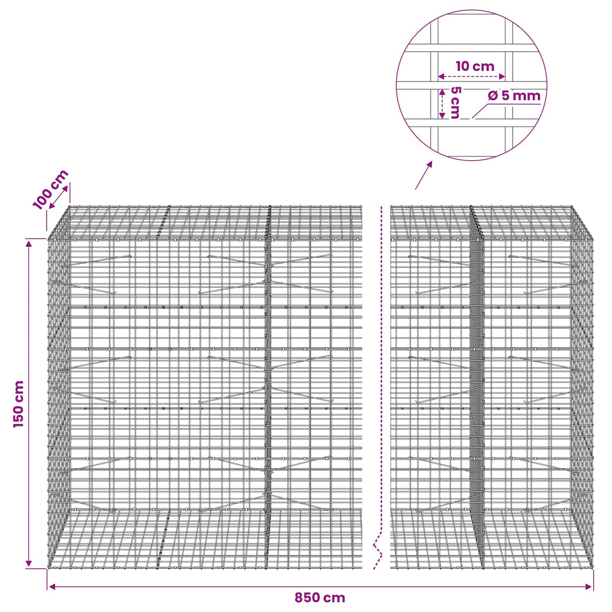 vidaXL Gabion with 5 mm Wire and 5x10 cm Mesh 850x100x150 cm 6