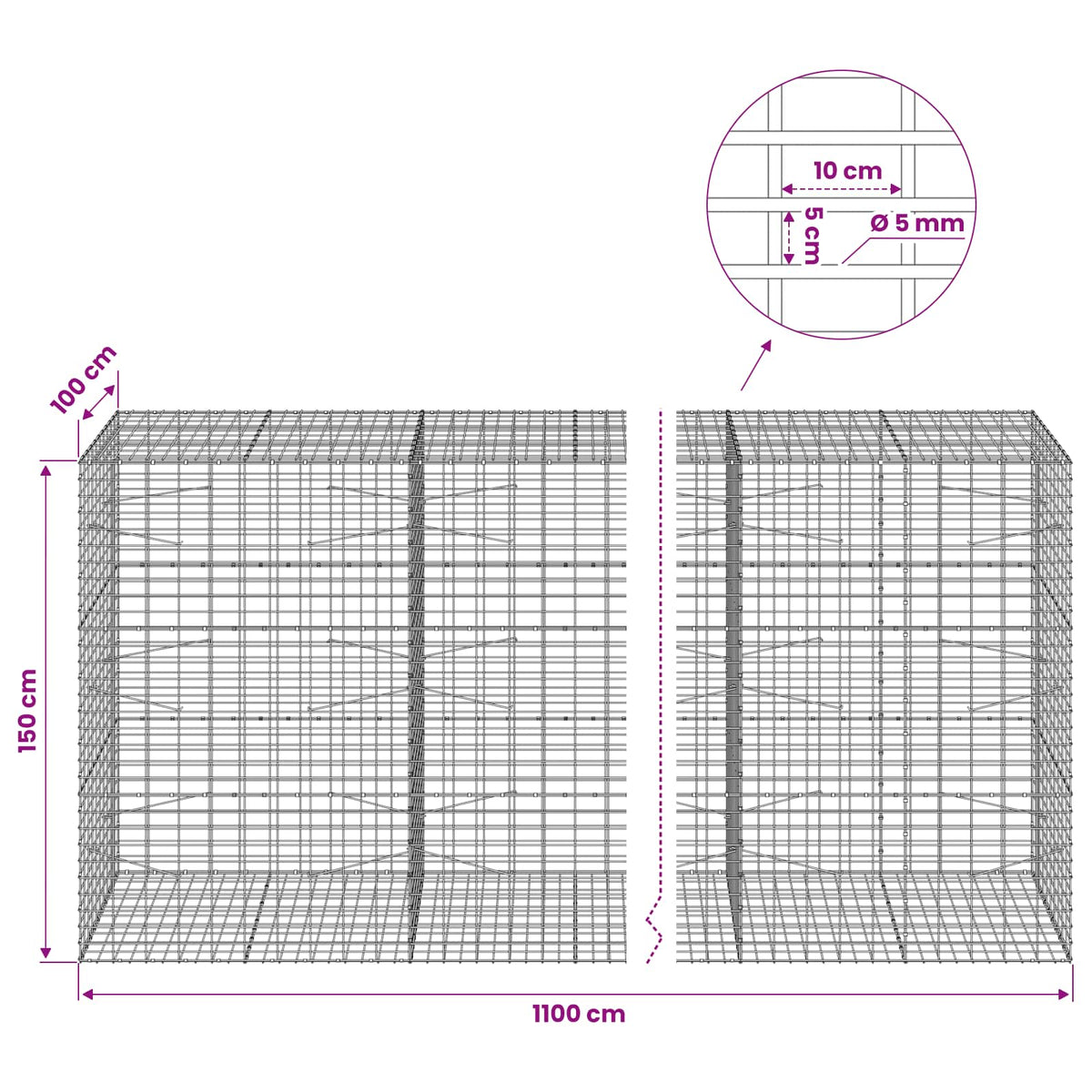 vidaXL Gabion with 5 mm Wire and 5x10 cm Mesh 1100x100x150 cm 6