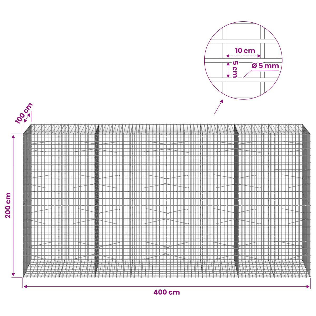 vidaXL Gabion with 5 mm Wire and 5x10 cm Mesh 400x100x200 cm 6