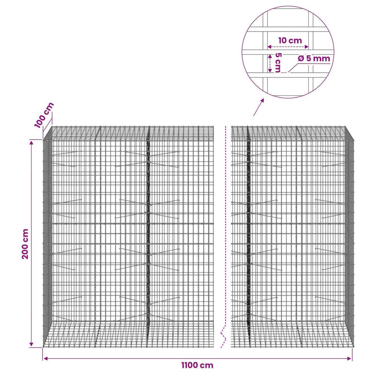 vidaXL Gabion with 5 mm Wire and 5x10 cm Mesh 1100x100x200 cm 6