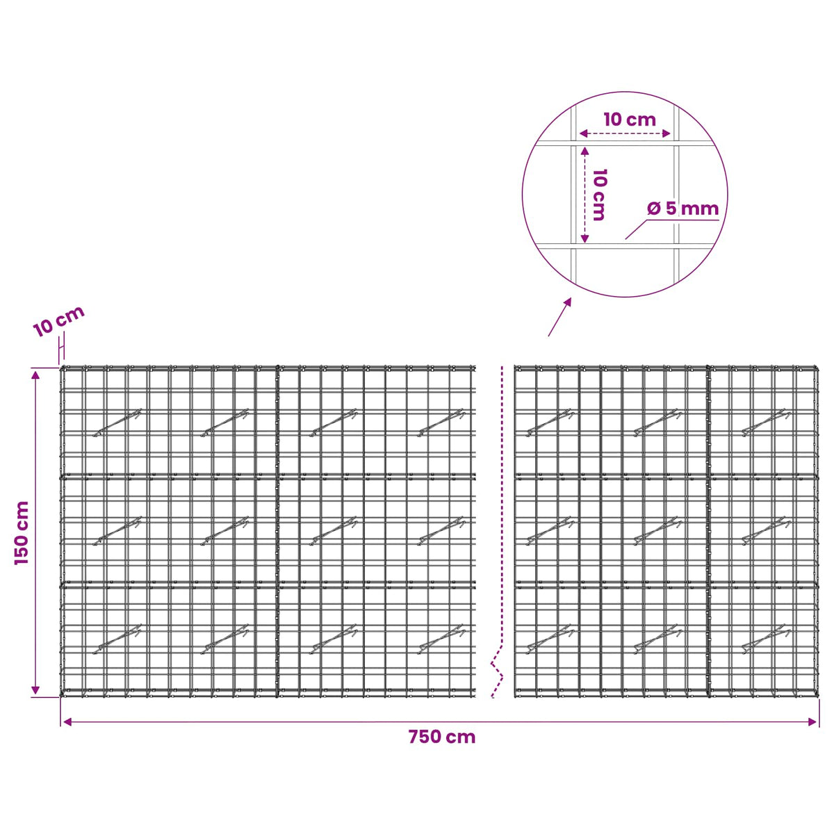 vidaXL Gabion with 5 mm Wire and 10x10 cm Mesh 750x10x150 cm 6