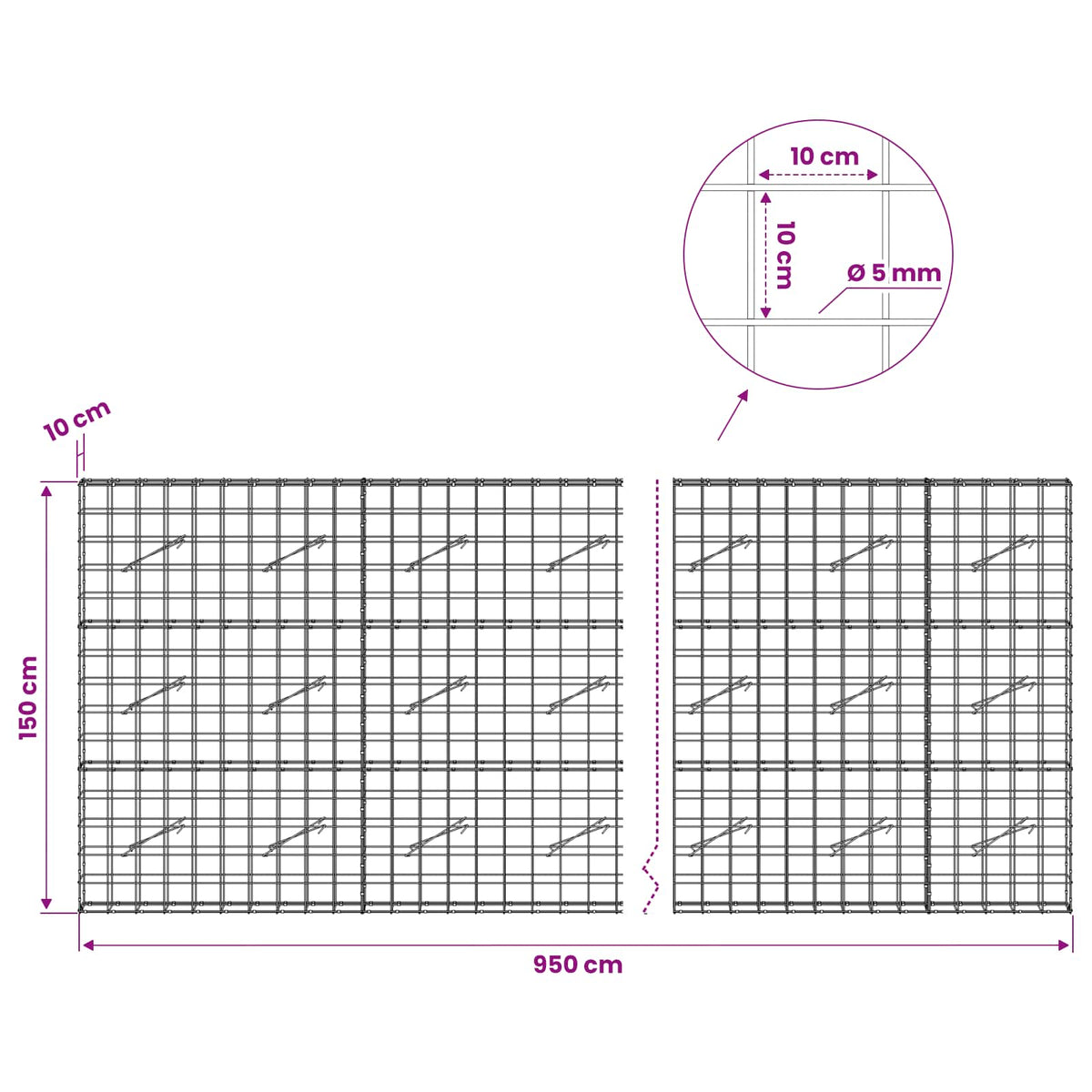 vidaXL Gabion with 5 mm Wire and 10x10 cm Mesh 950x10x150 cm 6