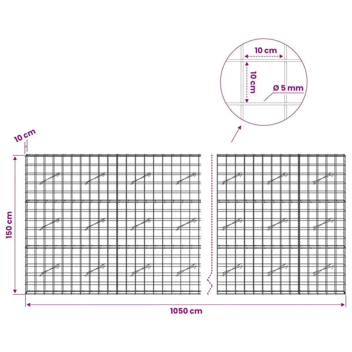 vidaXL Gabion with 5 mm Wire and 10x10 cm Mesh 1050x10x150 cm 6