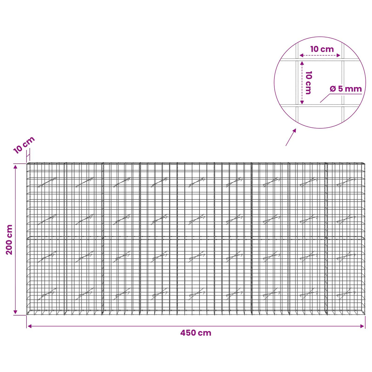 vidaXL Gabion with 5 mm Wire and 10x10 cm Mesh 450x10x200 cm 6