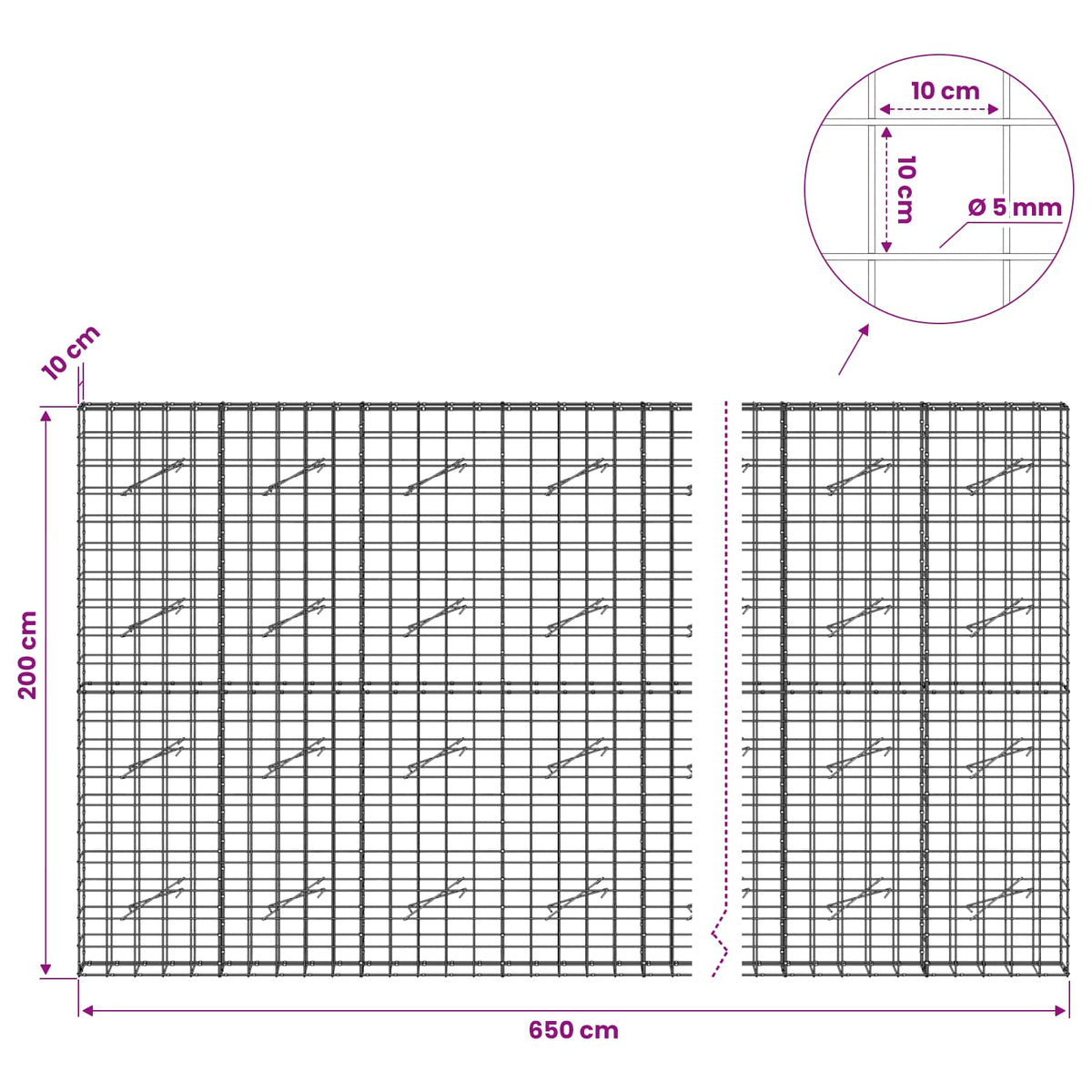 vidaXL Gabion with 5 mm Wire and 10x10 cm Mesh 650x10x200 cm 6