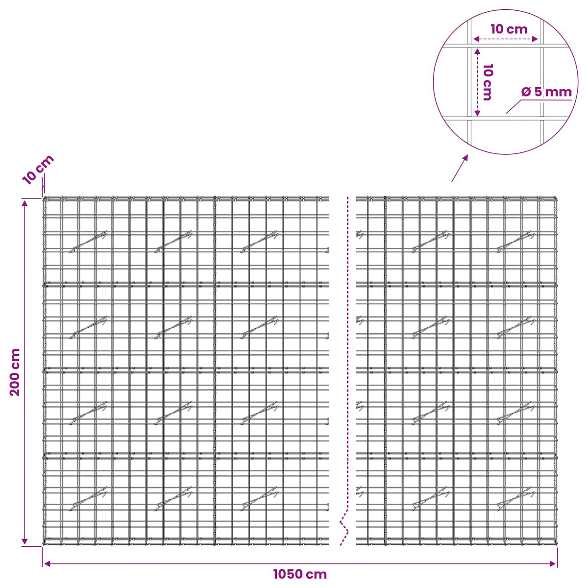 vidaXL Gabion with 5 mm Wire and 10x10 cm Mesh 1050x10x200 cm 6
