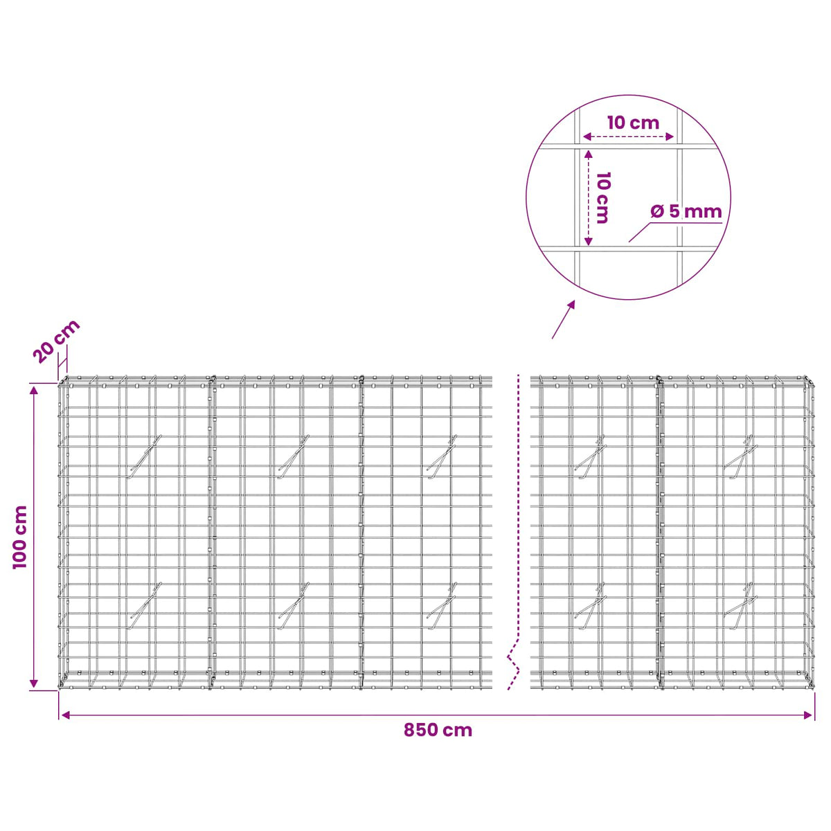 vidaXL Gabion with 5 mm Wire and 10x10 cm Mesh 850x20x100 cm 6