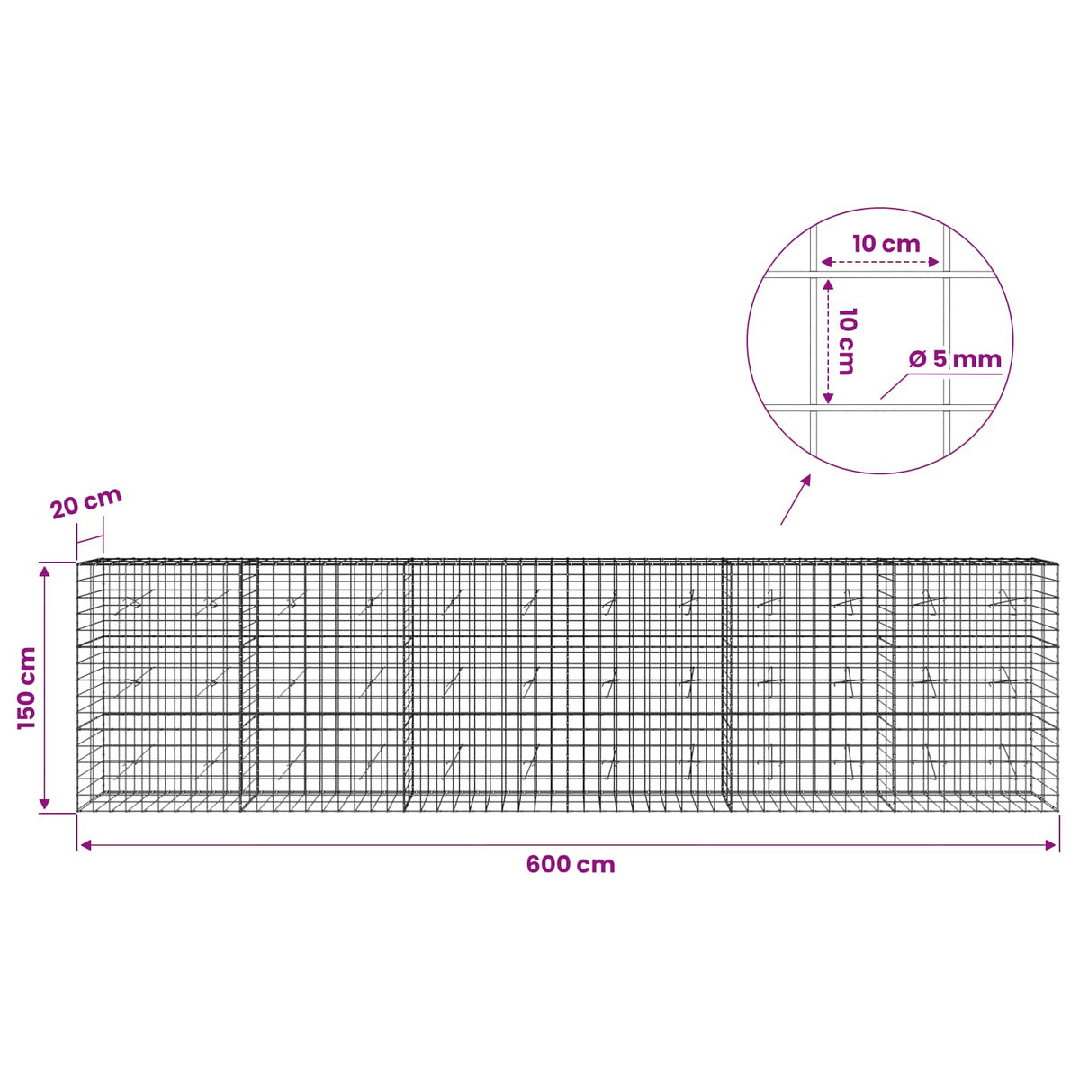 vidaXL Gabion with 5 mm Wire and 10x10 cm Mesh 600x20x150 cm 6