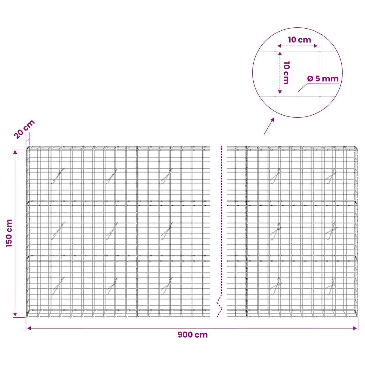vidaXL Gabion with 5 mm Wire and 10x10 cm Mesh 900x20x150 cm 6