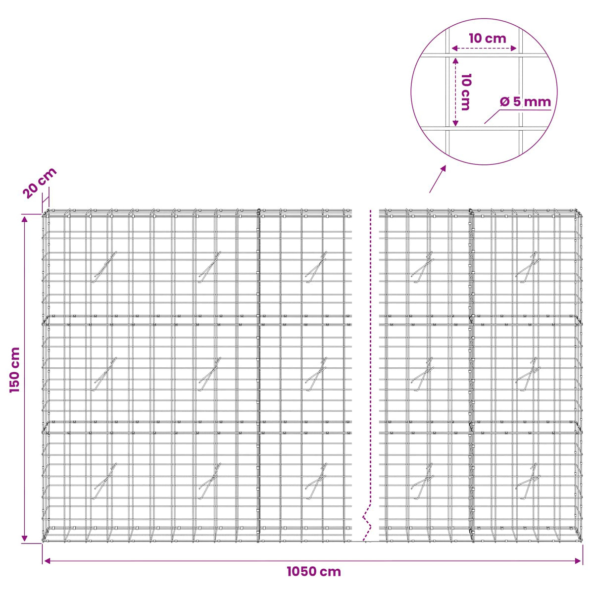 vidaXL Gabion with 5 mm Wire and 10x10 cm Mesh 1050x20x150 cm 6