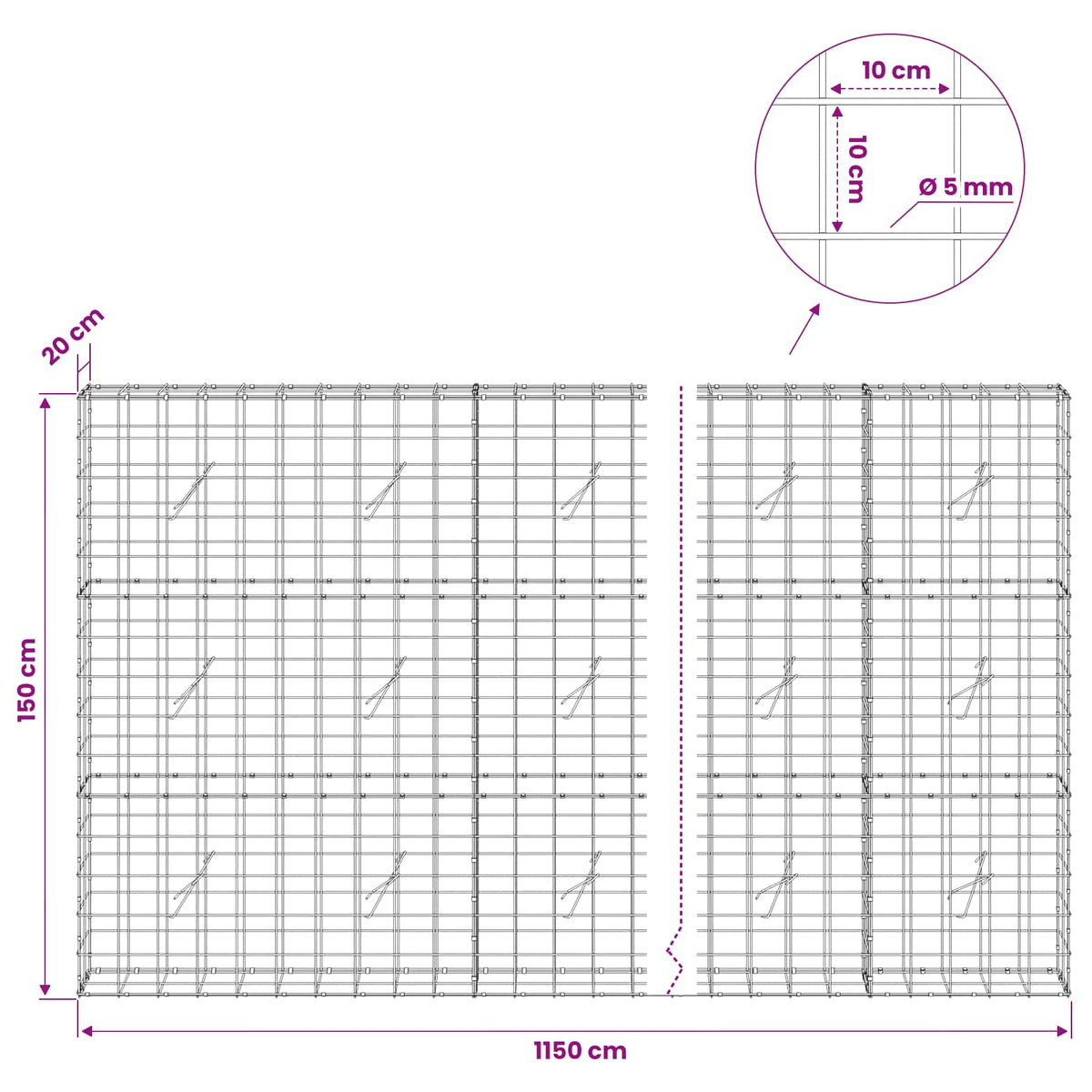 vidaXL Gabion with 5 mm Wire and 10x10 cm Mesh 1150x20x150 cm 6