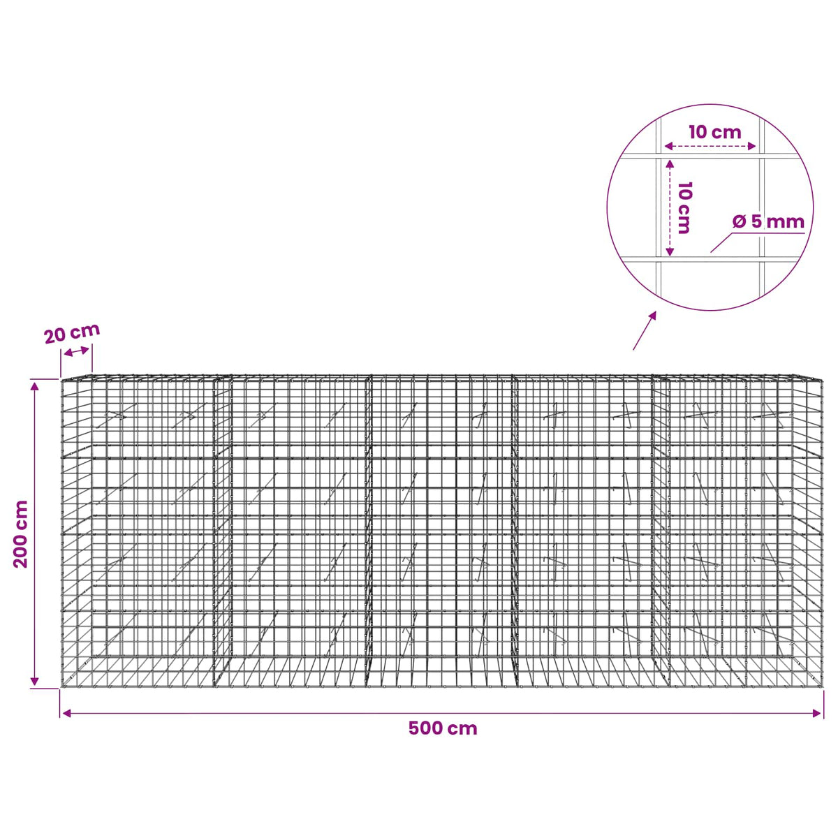 vidaXL Gabion with 5 mm Wire and 10x10 cm Mesh 500x20x200 cm 6