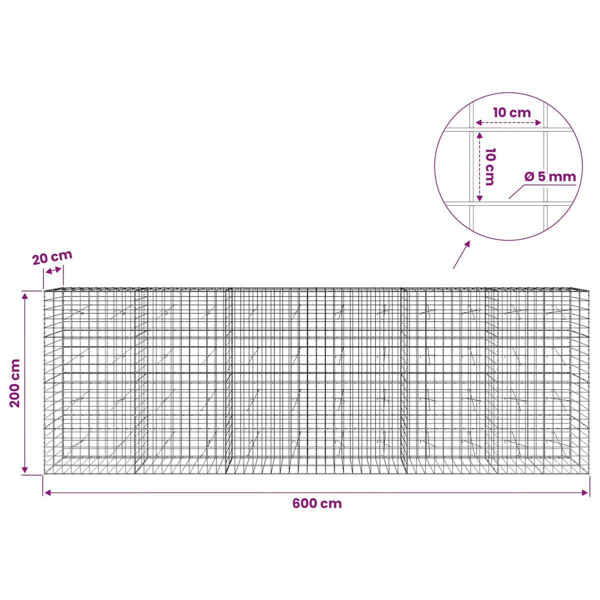 vidaXL Gabion with 5 mm Wire and 10x10 cm Mesh 600x20x200 cm 6