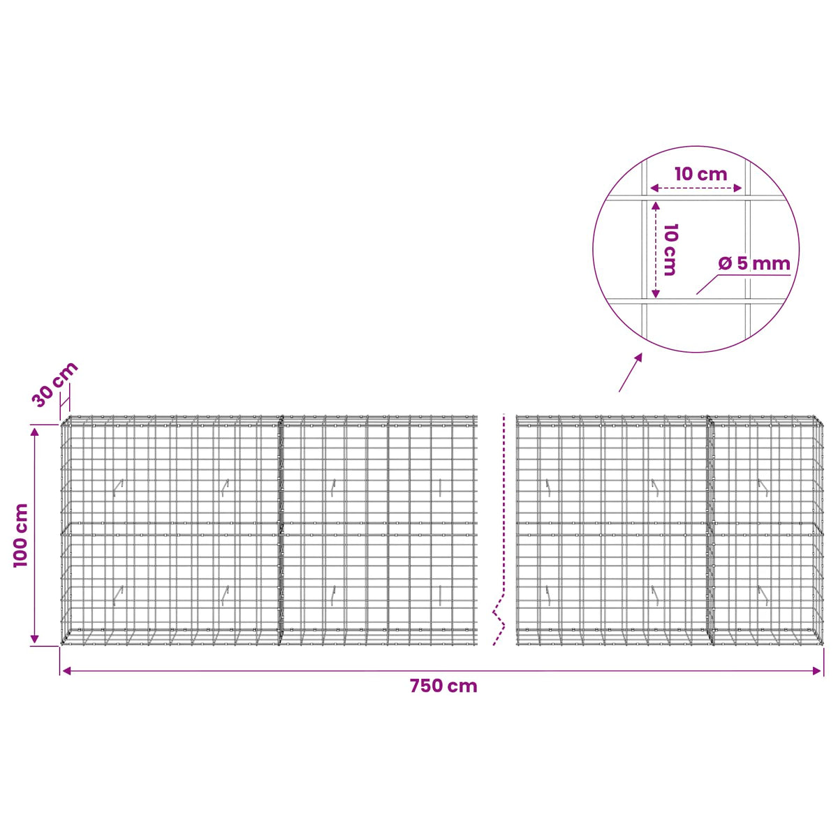 vidaXL Gabion with 5 mm Wire and 10x10 cm Mesh 750x30x100 cm 6