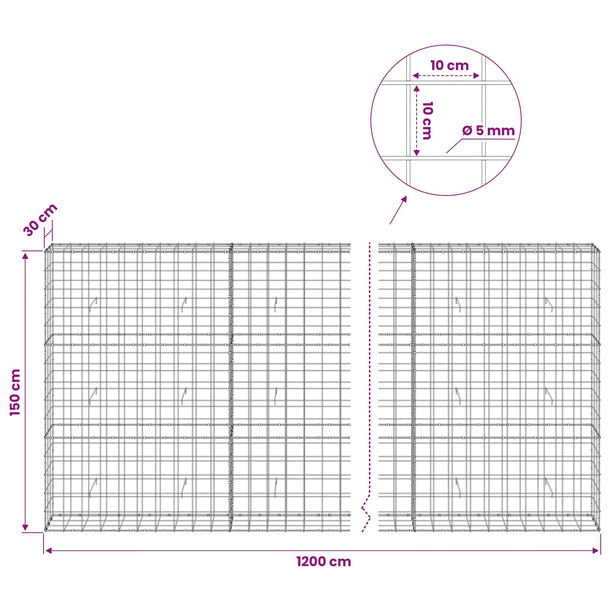 vidaXL Gabion with 5 mm Wire and 10x10 cm Mesh 1200x30x150 cm 6