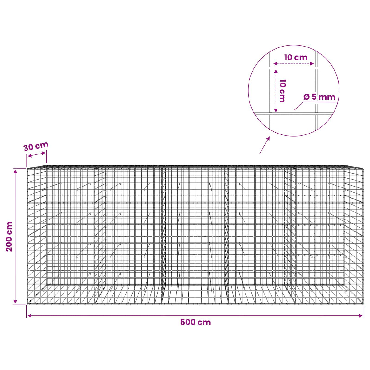 vidaXL Gabion with 5 mm Wire and 10x10 cm Mesh 500x30x200 cm 6