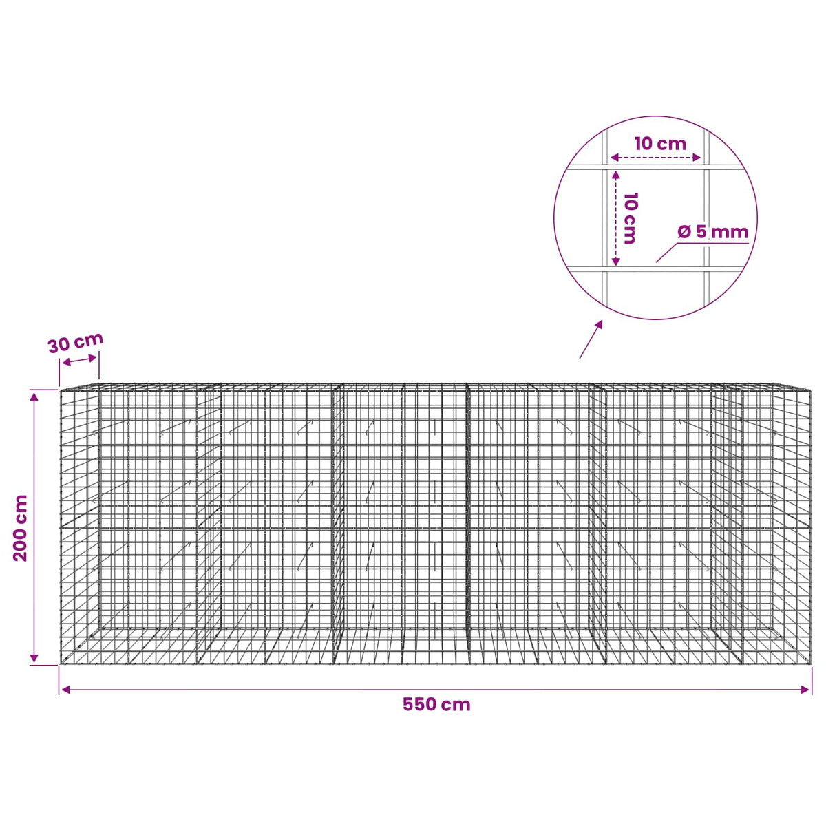 vidaXL Gabion with 5 mm Wire and 10x10 cm Mesh 550x30x200 cm 6