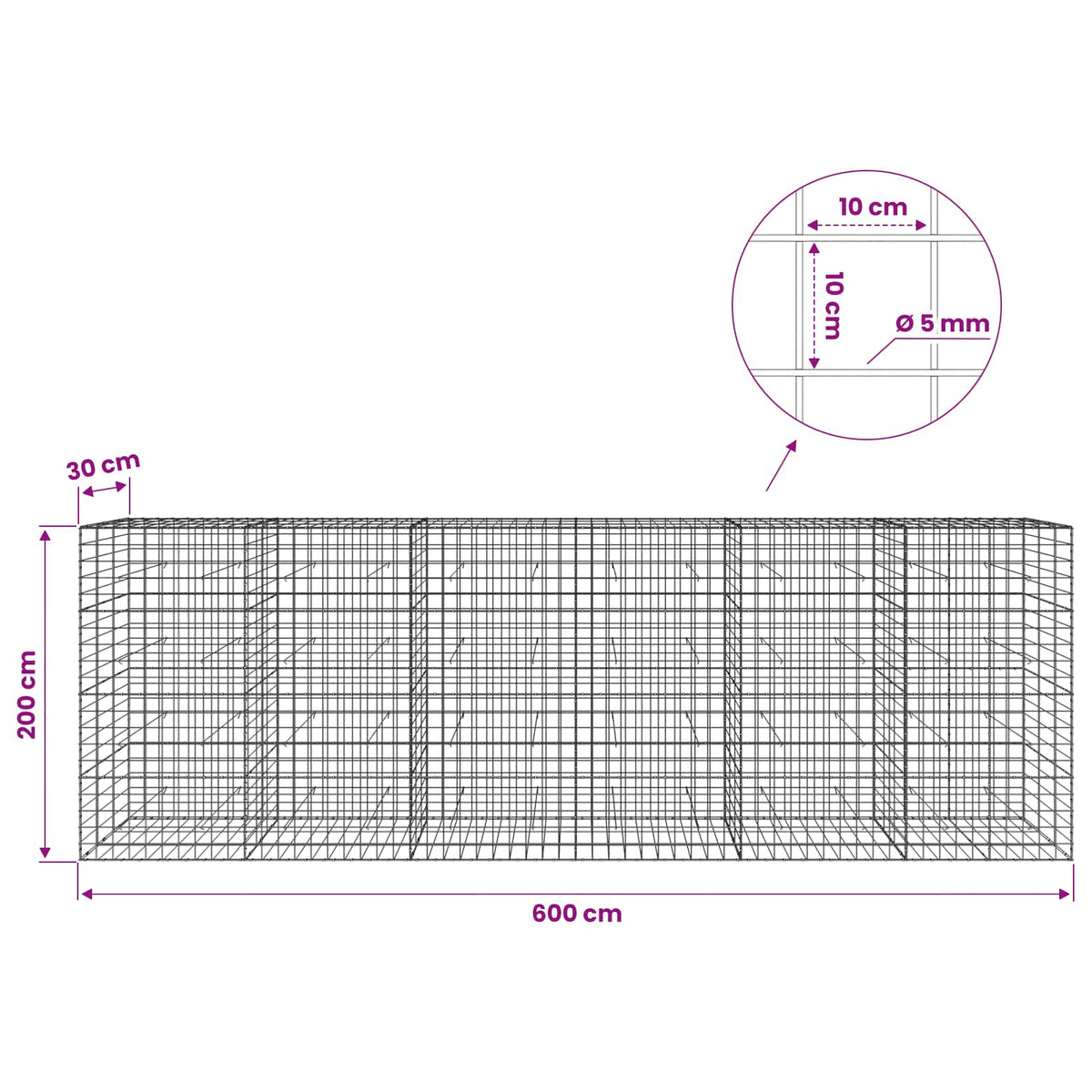 vidaXL Gabion with 5 mm Wire and 10x10 cm Mesh 600x30x200 cm 6