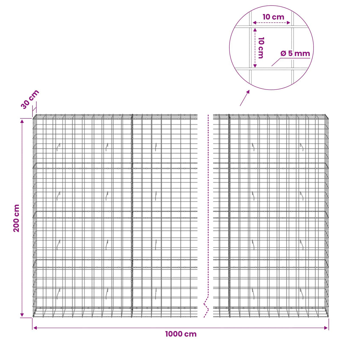 vidaXL Gabion with 5 mm Wire and 10x10 cm Mesh 1000x30x200 cm 6